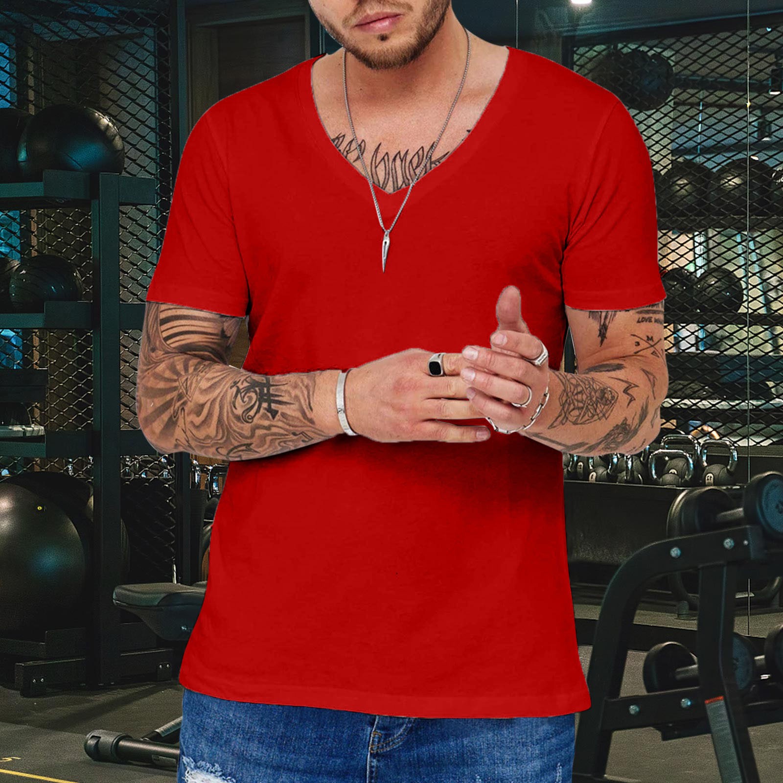 thumbnail image 2 of Camiseta de manga corta con cuello en V para hombre, de secado rápido y transpirable, material spandex, adecuada para el gimnasio o para correr., 2 of 4